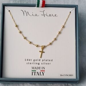 14k Gold on Sterling Silver Cross fixed pendant satellite 16"+2 necklace, NEW!